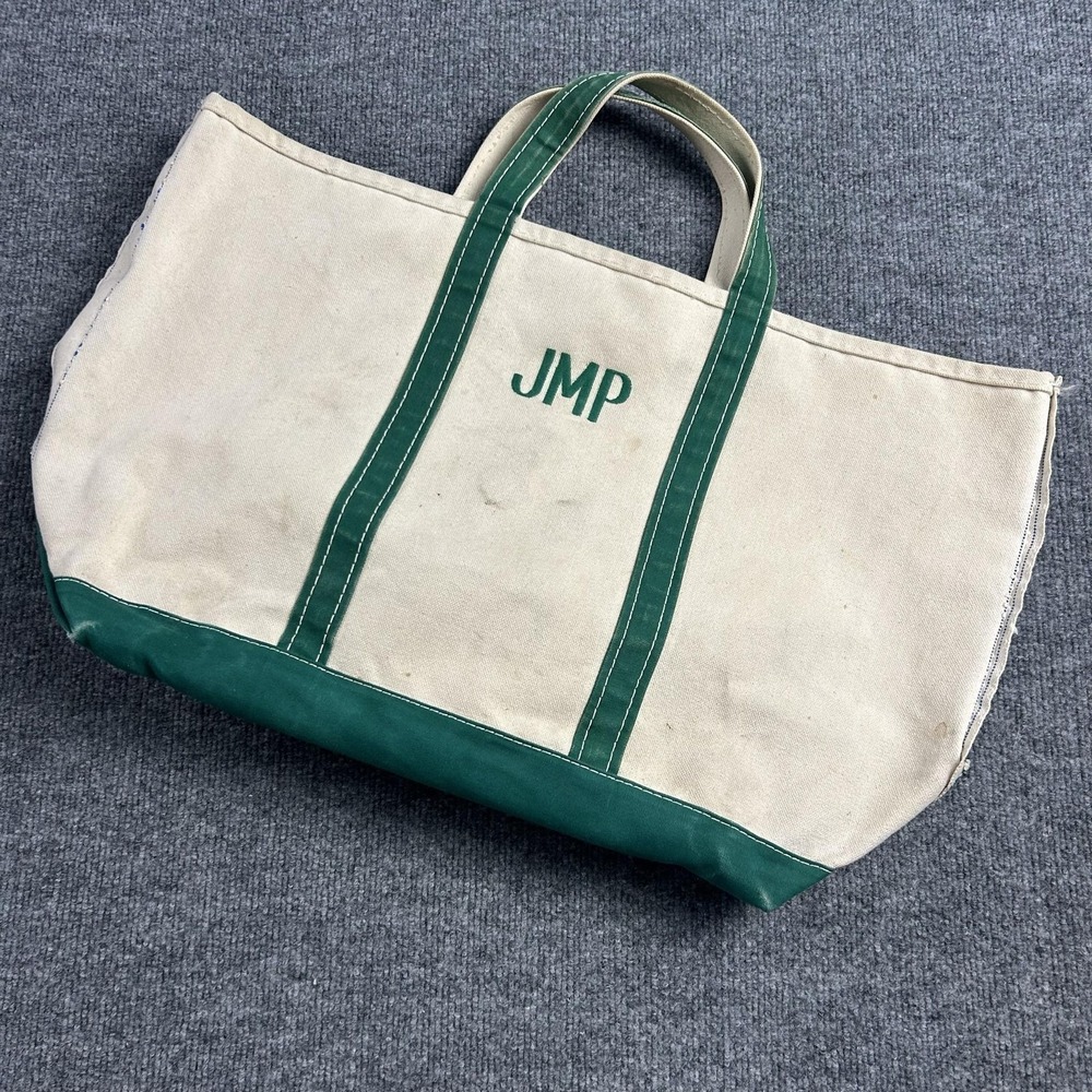 L.L.Bean Boat and Tote Bag Extra Large Natural Green Canvas Monogram JMP USA